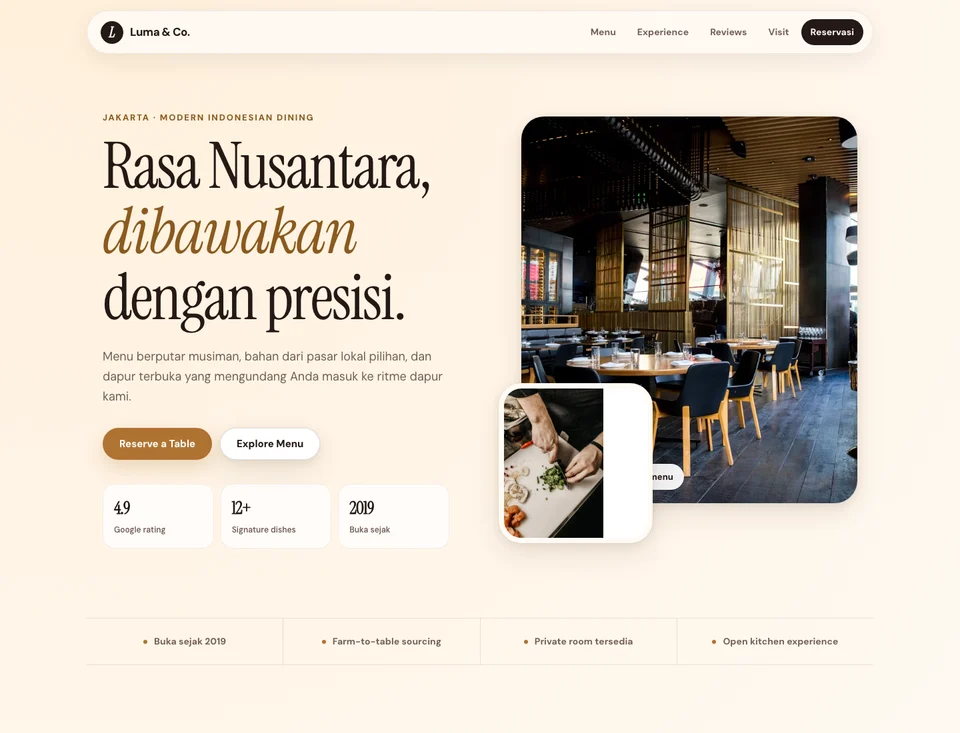 Screenshot website Luma & Co. Restaurant