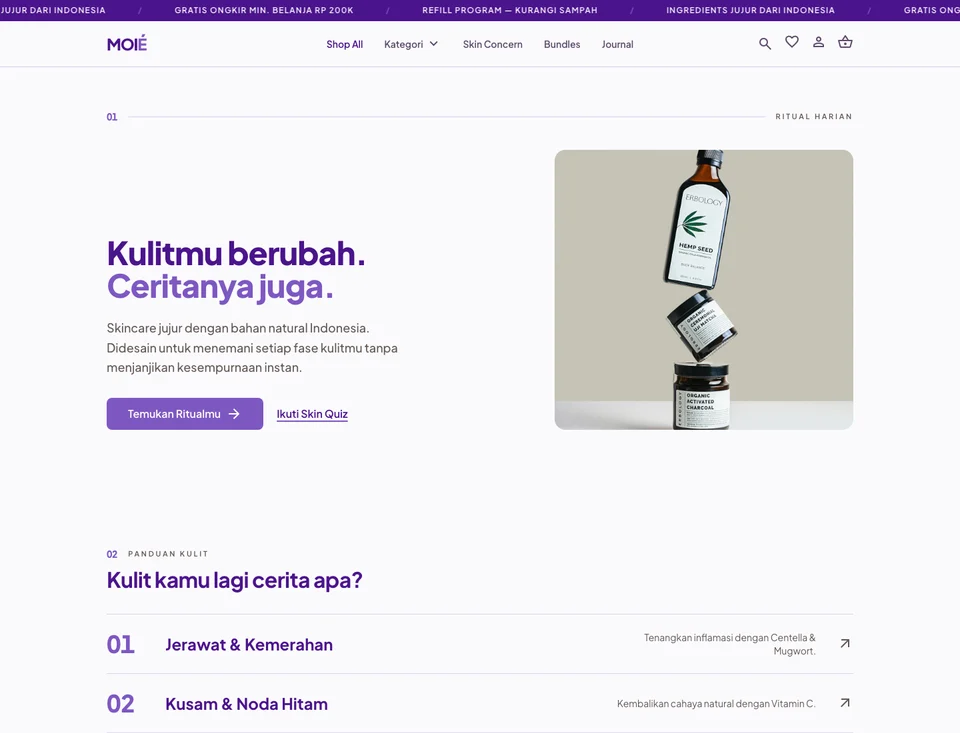 Screenshot showcase website e-commerce skincare MOIÉ