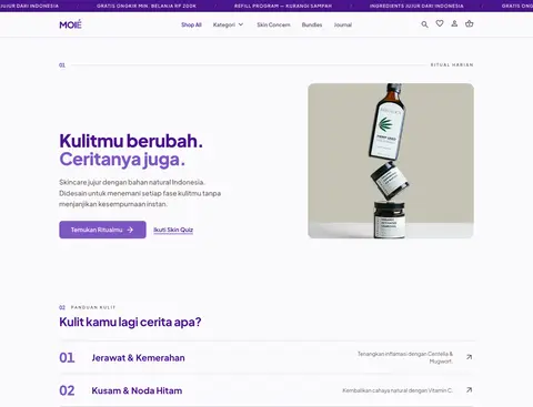 Screenshot showcase website e-commerce skincare MOIÉ