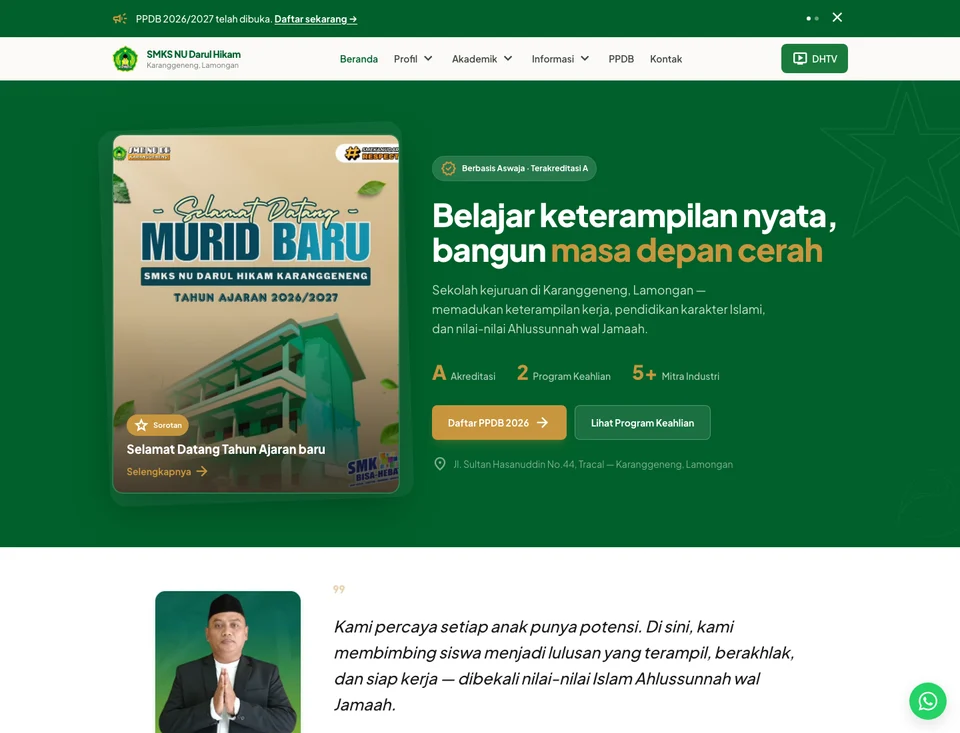 Screenshot showcase website SMKS NU Darul Hikam Karanggeneng