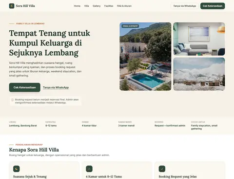 Screenshot showcase website Sora Hill Villa — homestay keluarga di Lembang